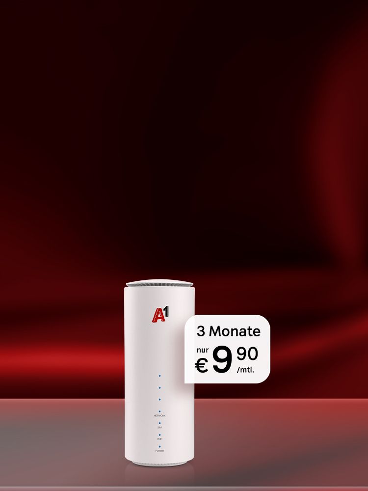 Diffuser Hintergrund in roten und dunkelroten Farbtönen im Hintergrund. Im Vordergrund das Cube Modem mit weißem Störer mit Text"3 Monate nur € 9,90/mtl."