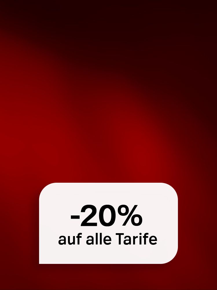 Ein generischer Hintergrund in rot und dunkelroten Tönen mit einem weißen Störer mit dem Text "-20% auf alle Tarife"