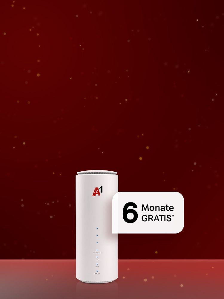 Diffuser Hintergrund in roten und dunkelroten Farbtönen mit weißen Sternen im Hintergrund. Im Vordergrund das Cube Modem mit weißem Störer mit Text" 6 Monate Gratis"